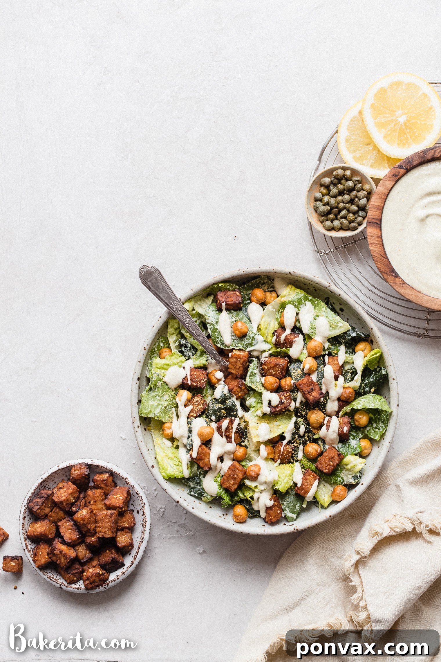 Serve this Vegan Caesar Salad with Crispy Tempeh & Crunchy Chickpeas for lunch or dinner - it's delicious anytime! The crispy marined tempeh is incredibly flavorful and filling and the chickpeas add lots of crunch. 