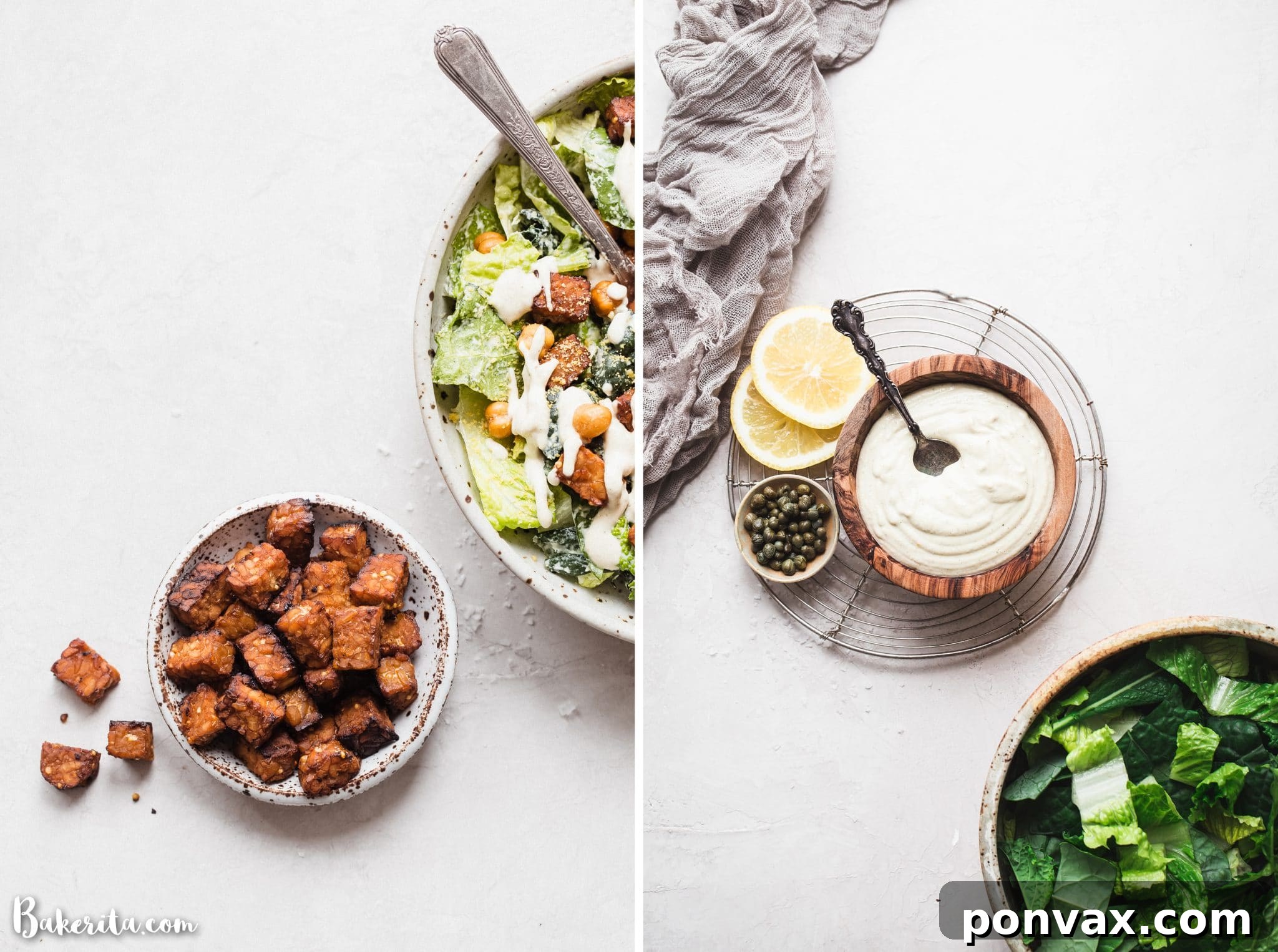 Serve this Vegan Caesar Salad with Crispy Tempeh & Crunchy Chickpeas for lunch or dinner - it's delicious anytime! The crispy marined tempeh is incredibly flavorful and filling and the chickpeas add lots of crunch. 