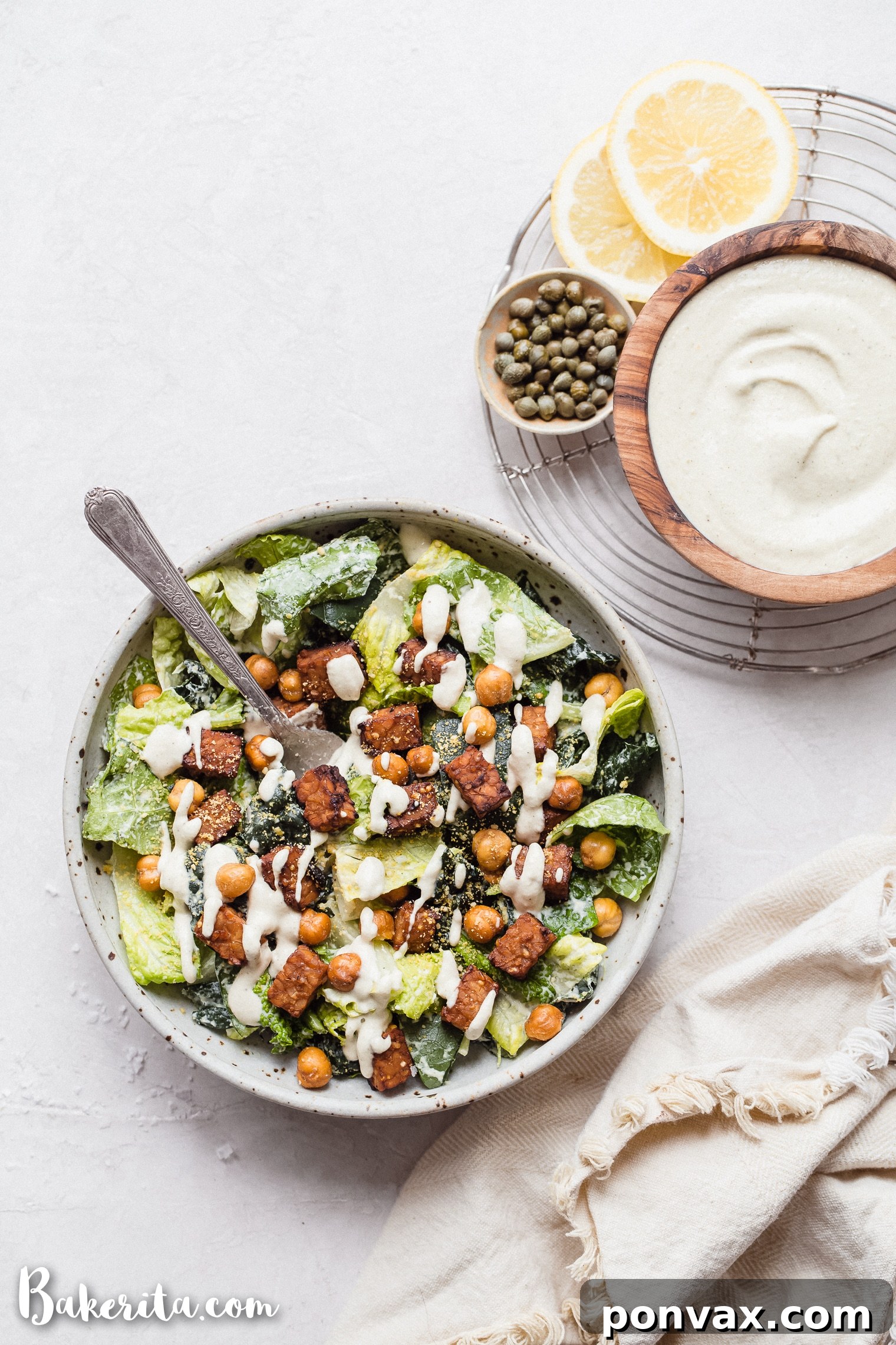 Serve this Vegan Caesar Salad with Crispy Tempeh & Crunchy Chickpeas for lunch or dinner - it's delicious anytime! The crispy marined tempeh is incredibly flavorful and filling and the chickpeas add lots of crunch. 