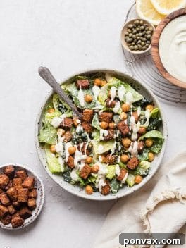 Vegan Caesar Salad with Crispy Tempeh & Crunchy Chickpeas