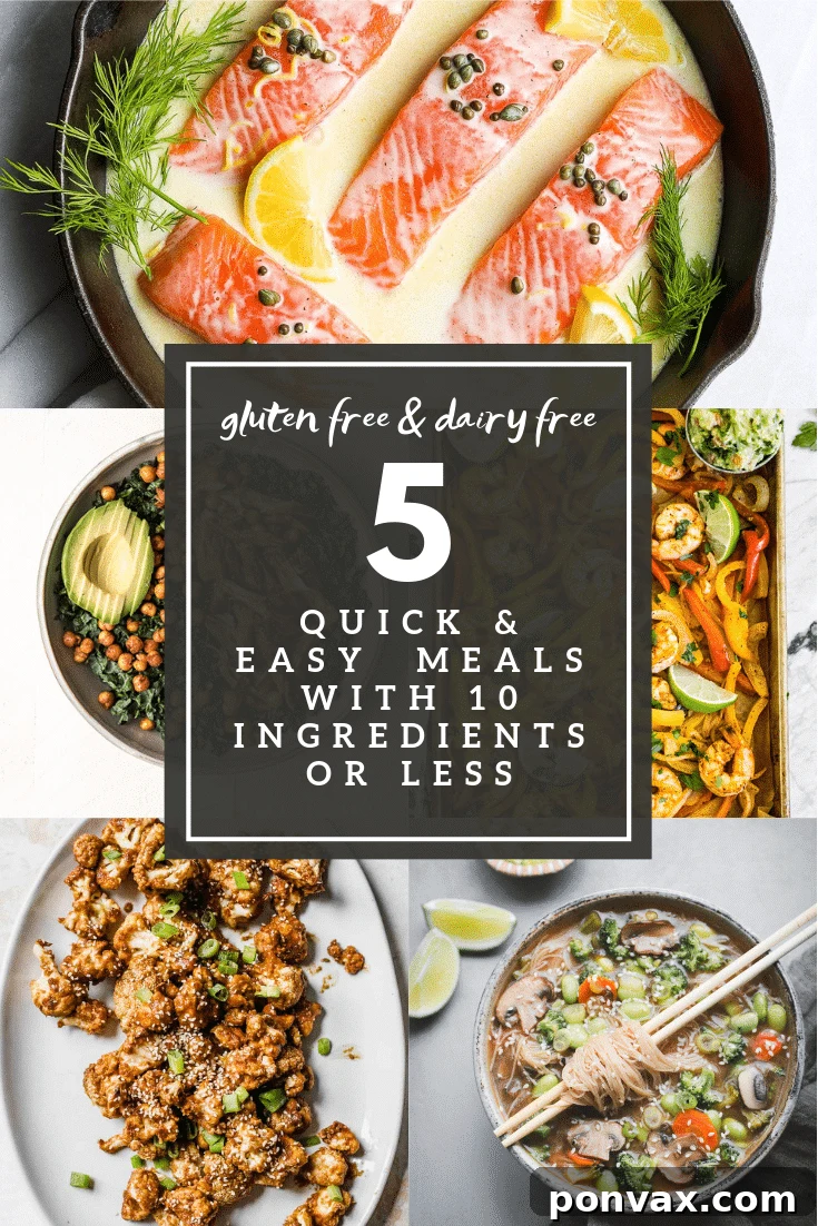Indulge in these 5 quick and easy weeknight meals, each made with 10 ingredients or less, perfect for busy evenings. Featuring healthy, gluten-free, and dairy-free options.