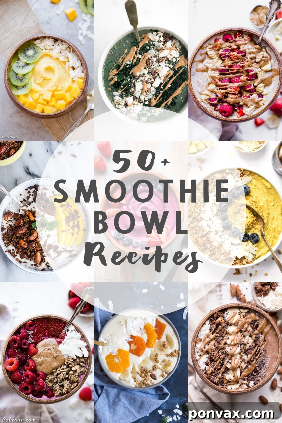 Over 50 Vibrant Smoothie Bowl Recipes 2 A vibrant selection of smoothie bowls, showcasing various fruits, nuts, and seeds as toppings.