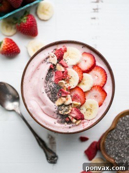 Over 50 Vibrant Smoothie Bowl Recipes 3 This easy Strawberry Banana Smoothie Bowl is a simple and sweet treat! It's a healthy Paleo + vegan breakfast or snack made with only a few ingredients, and you can add whichever toppings your heart desires to customize to your tastes.