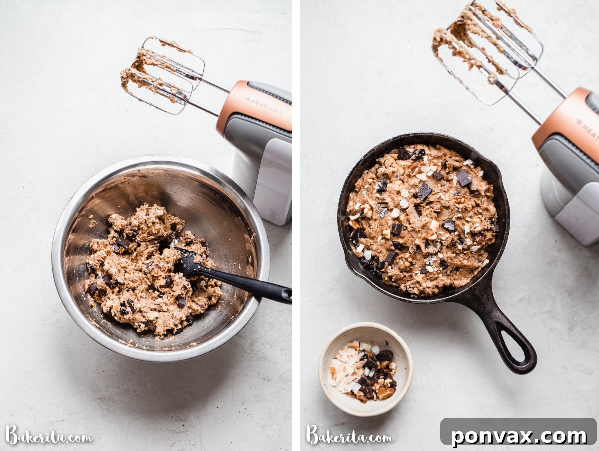 Irresistible Gluten-Free Skillet Chocolate Chip Cookie 4 Ingredients for Magic Chocolate Chip Skillet Cookie being mixed in a bowl, showing coconut oil and coconut sugar forming a creamy base. This recipe is gluten-free, paleo, and vegan.