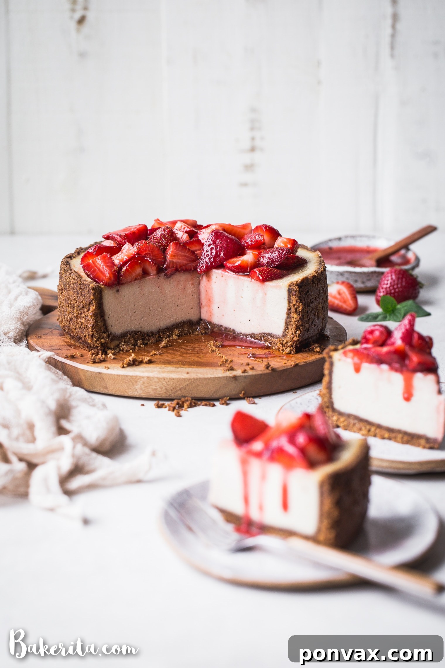 Decadent Baked Vegan Cheesecake Gluten Free 5 Close-up of the Baked Vegan Cheesecake, revealing its creamy texture and the golden-brown gluten-free crust, ready for its final chill.
