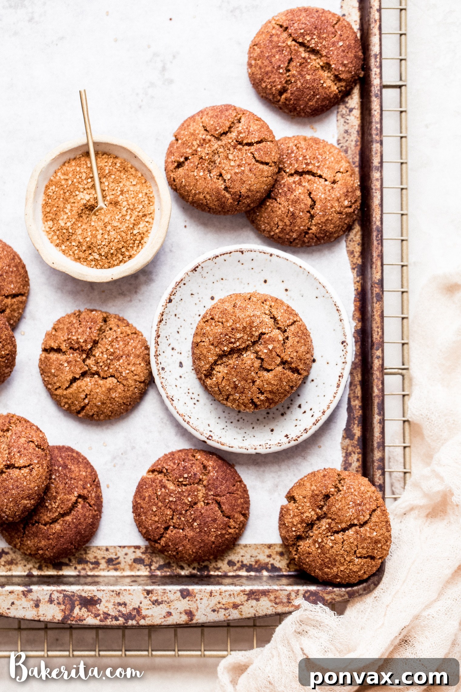 Close-up of golden brown gluten-free vegan snickerdoodles covered in cinnamon sugar, stacked on a cooling rack.