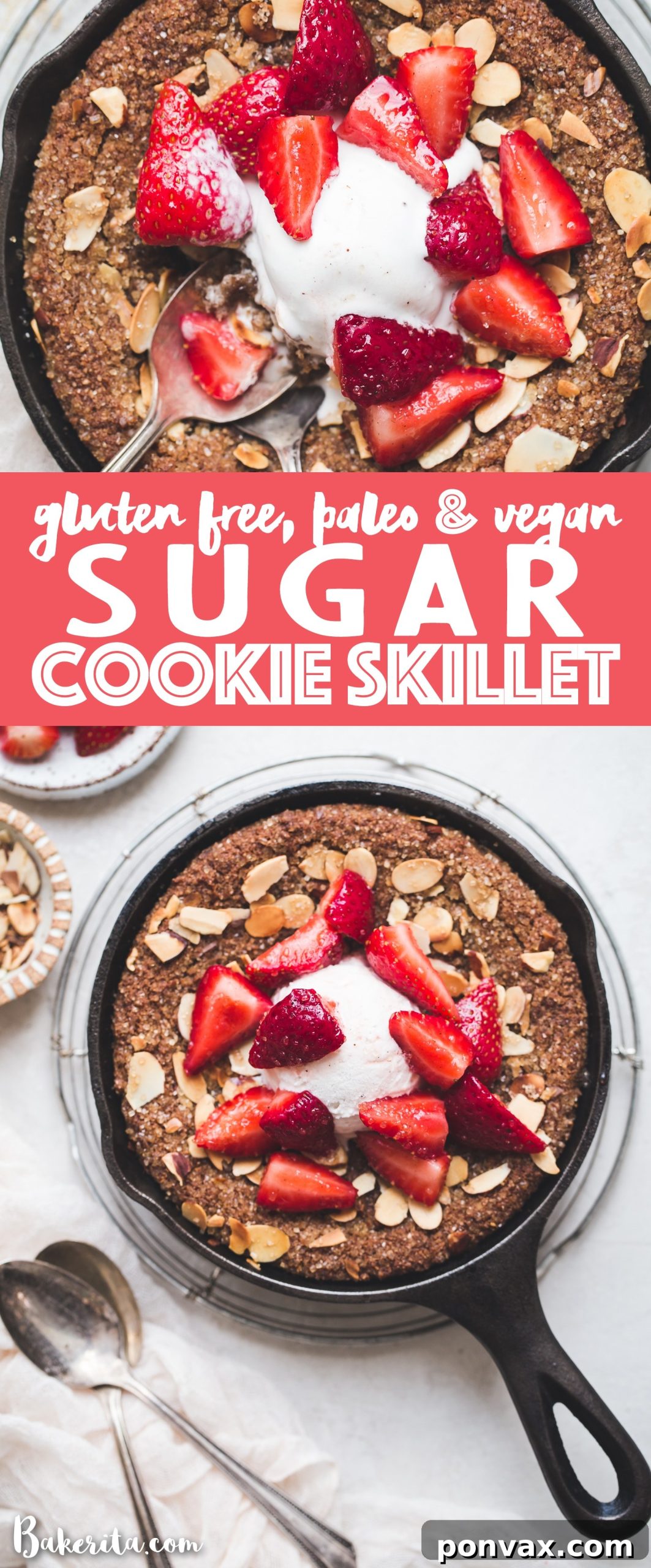 Three quarters view of the Gluten-Free & Vegan Sugar Cookie Skillet with a spoon ready to scoop, highlighting its tempting presentation.