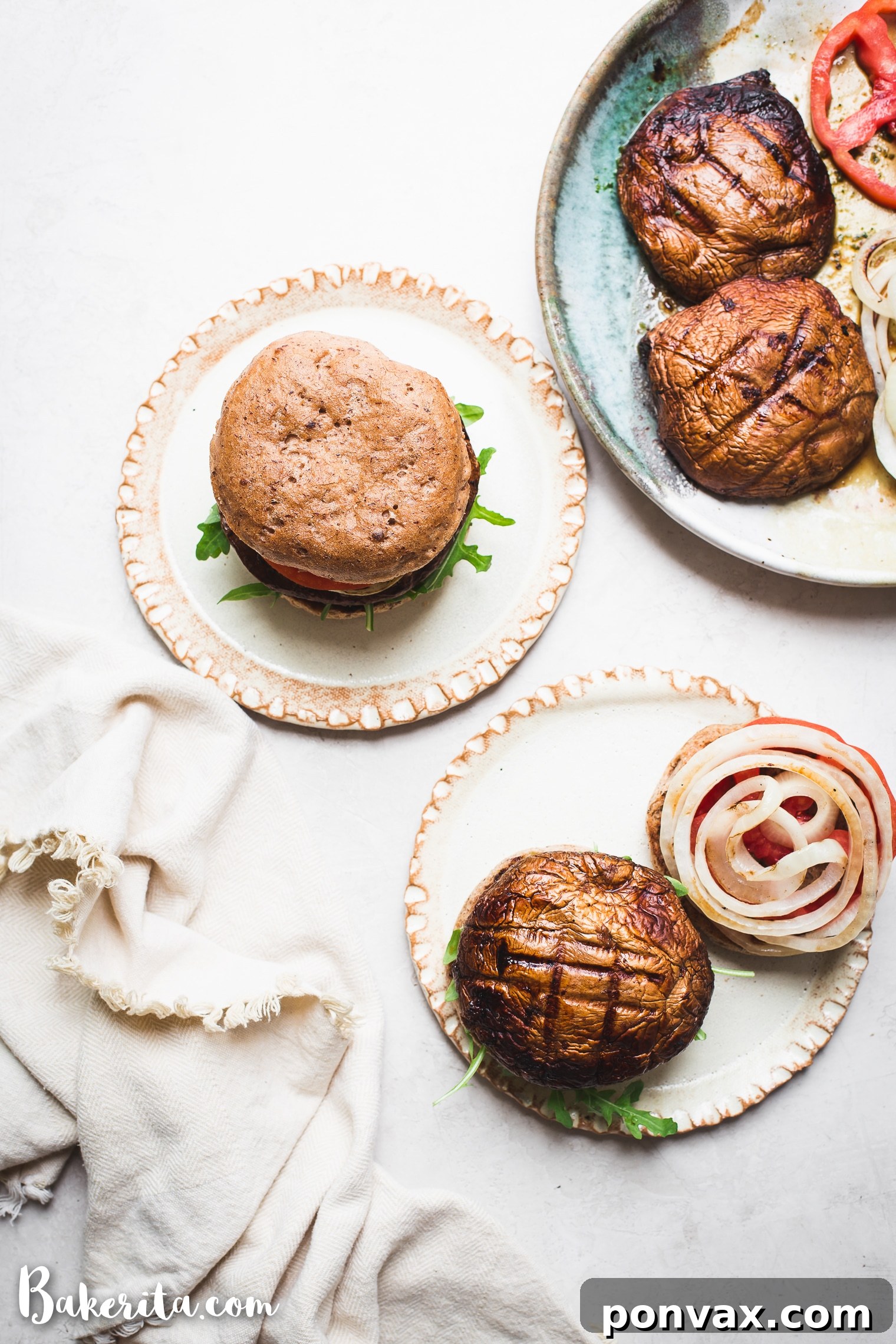 Smoky Portobello Vegan Burgers 3 Close-up of a juicy Vegan Grilled Portobello Burger with fresh toppings
