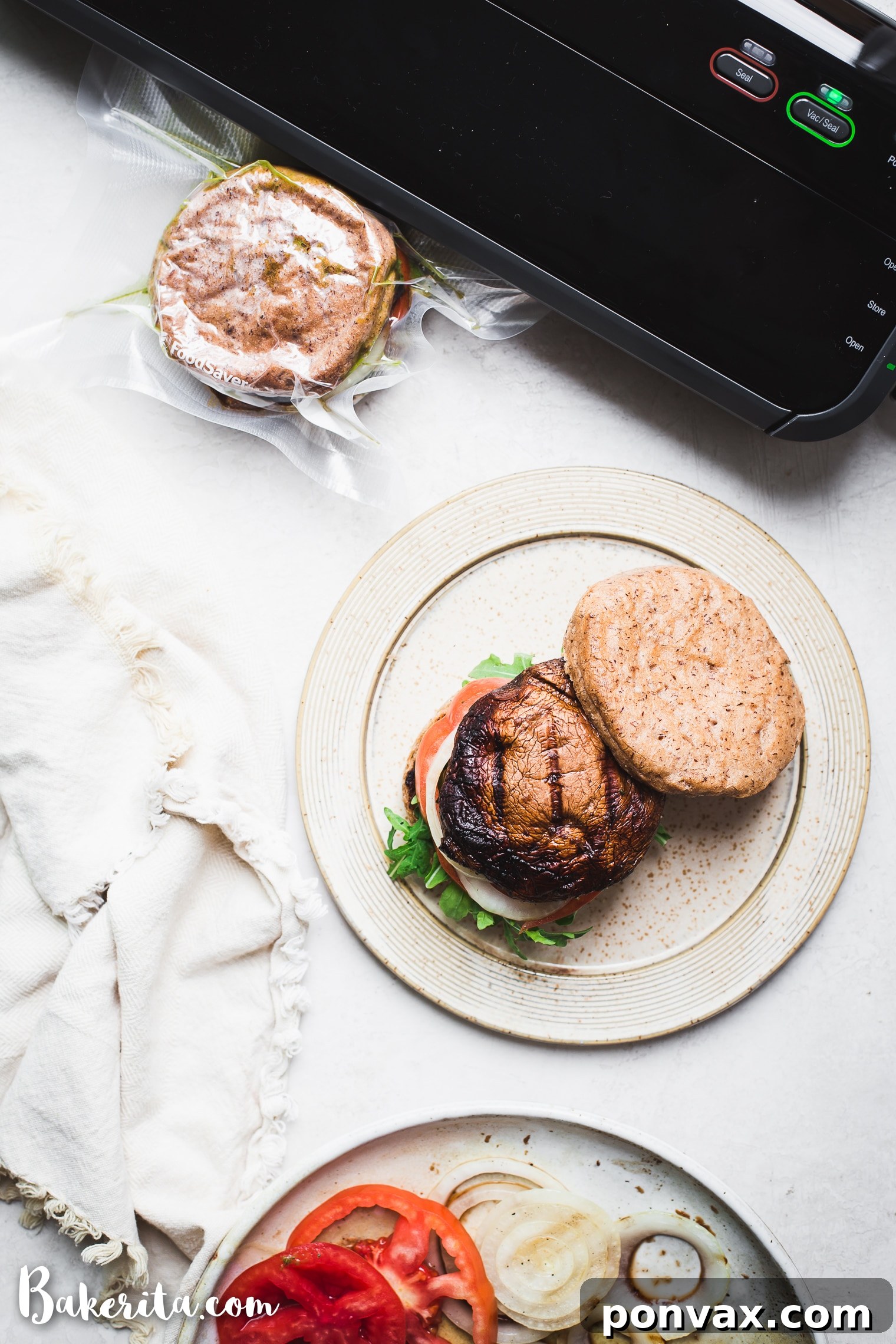 Smoky Portobello Vegan Burgers 6 Assembled Vegan Grilled Portobello Burgers on a serving board