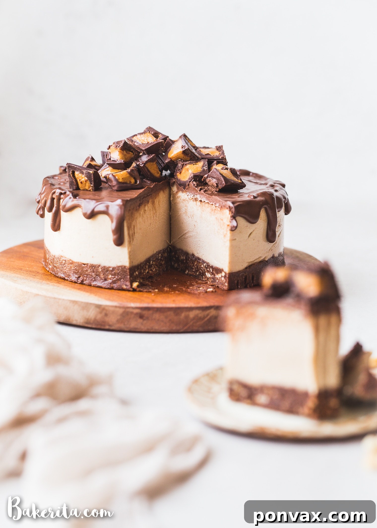 Indulgent Vegan Peanut Butter Cup Cheesecake 5 This Gluten-Free Vegan Peanut Butter Cup Cheesecake tastes like your favorite candy turned into a delightfully creamy vegan cheesecake. With a chocolate crust, creamy peanut butter filling, and chocolate ganache topping, you won't be able to have just one bite!