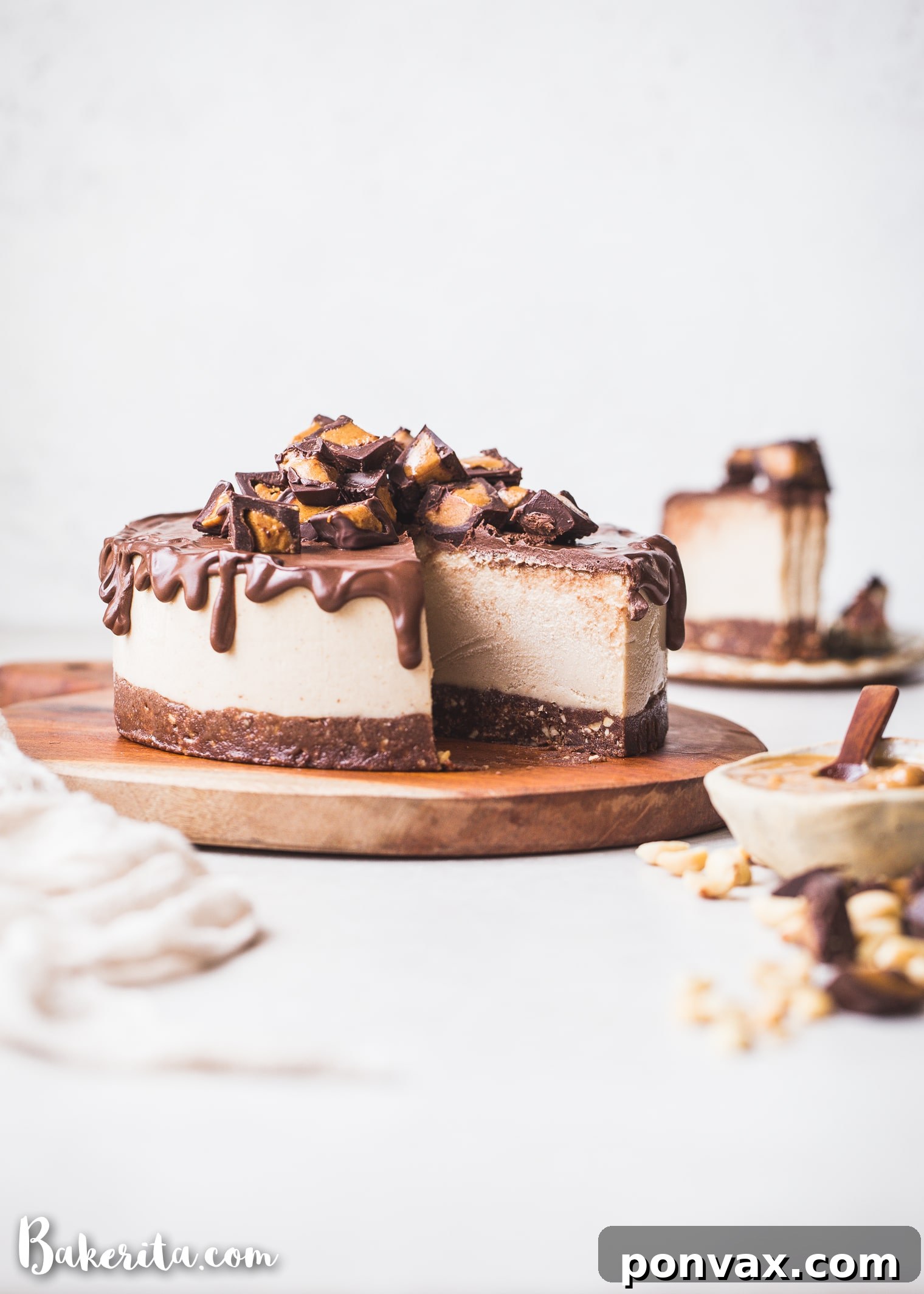 Indulgent Vegan Peanut Butter Cup Cheesecake 6 This Gluten-Free Vegan Peanut Butter Cup Cheesecake tastes like your favorite candy turned into a delightfully creamy vegan cheesecake. With a chocolate crust, creamy peanut butter filling, and chocolate ganache topping, you won't be able to have just one bite!