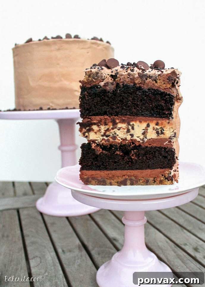 This Midnight Binge Cake has layers of chocolate cake, chocolate chip cookies, and chocolate chip cookie dough, sandwiched with creamy chocolate fudge frosting & whipped chocolate marshmallow frosting! This is one decadent celebration cake recipe sure to impress.
