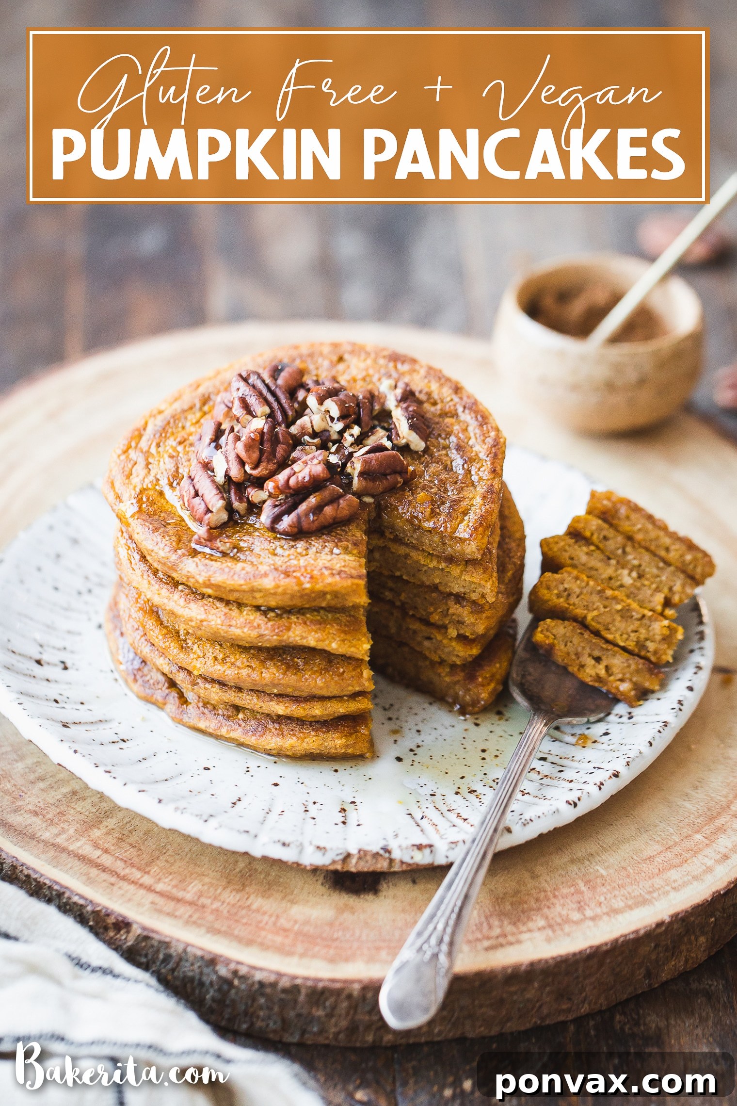 Autumn Spiced Gluten-Free Vegan Pumpkin Pancakes 8 Gluten-Free Vegan Pumpkin Pancakes stacked on a plate.