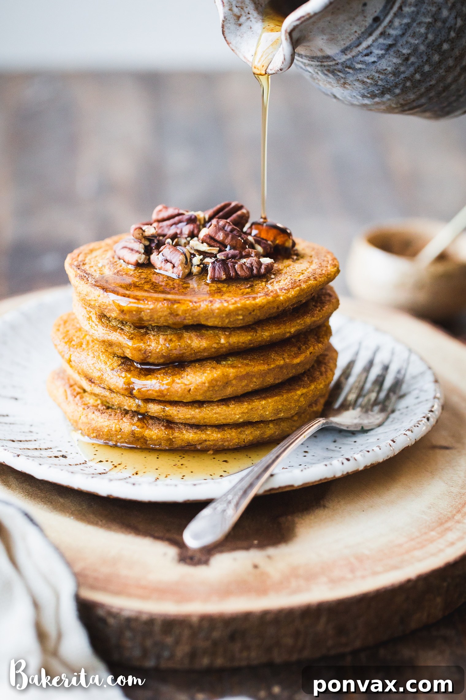 Autumn Spiced Gluten-Free Vegan Pumpkin Pancakes 3 Stack of warm Gluten-Free Vegan Pumpkin Pancakes ready for toppings.