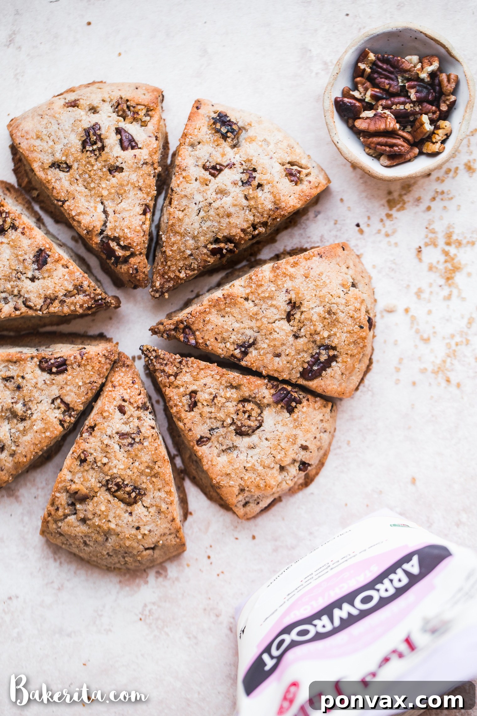 Deliciously Gluten-Free Vegan Maple Pecan Scones 5 Beautifully arranged Gluten-Free Vegan Maple Pecan Scones, ready to be enjoyed as a delightful breakfast or snack.