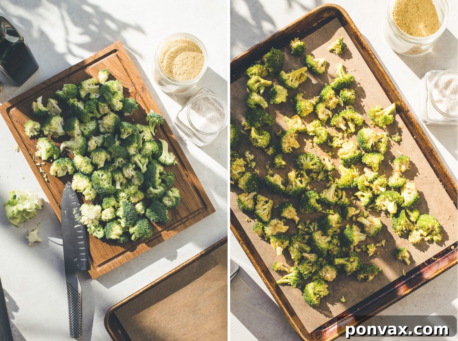 Hands massaging broccoli florets with oil and seasonings on a baking sheet.