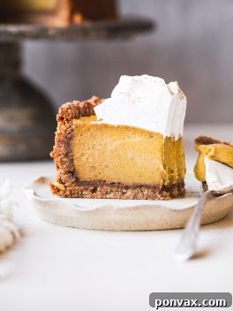 Autumn Glow Vegan Gluten-Free Pumpkin Cheesecake 9 A beautifully sliced Baked Vegan Pumpkin Cheesecake, garnished with a sprig of fresh herbs, emphasizing its festive appeal.