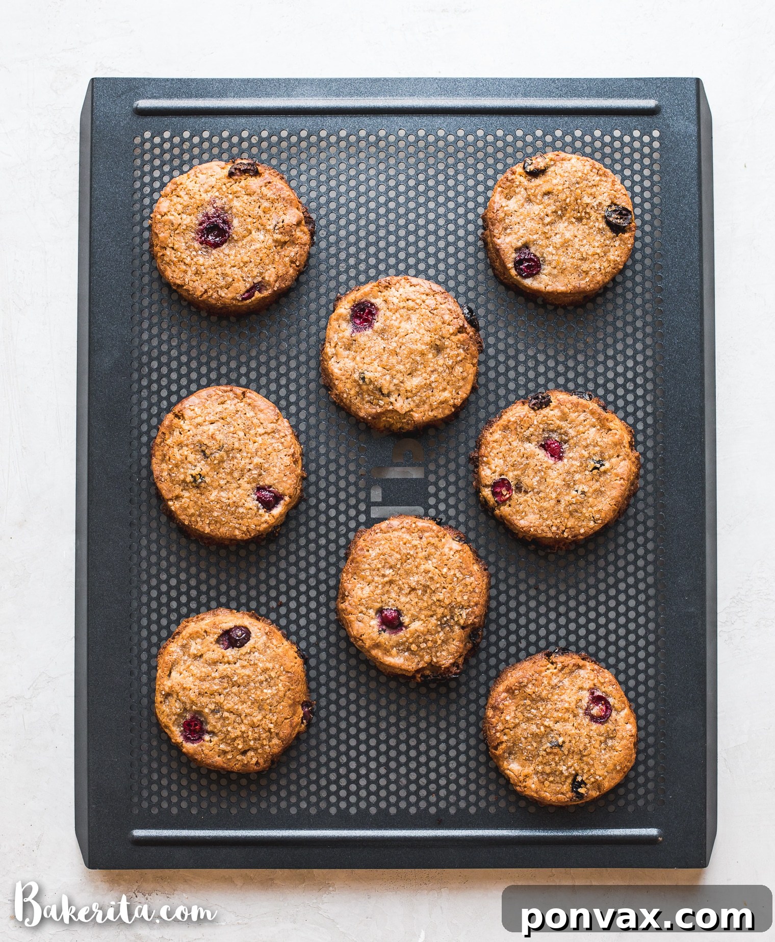 Several golden-brown gluten-free vegan cranberry orange scones cooling on a wire rack after baking.
