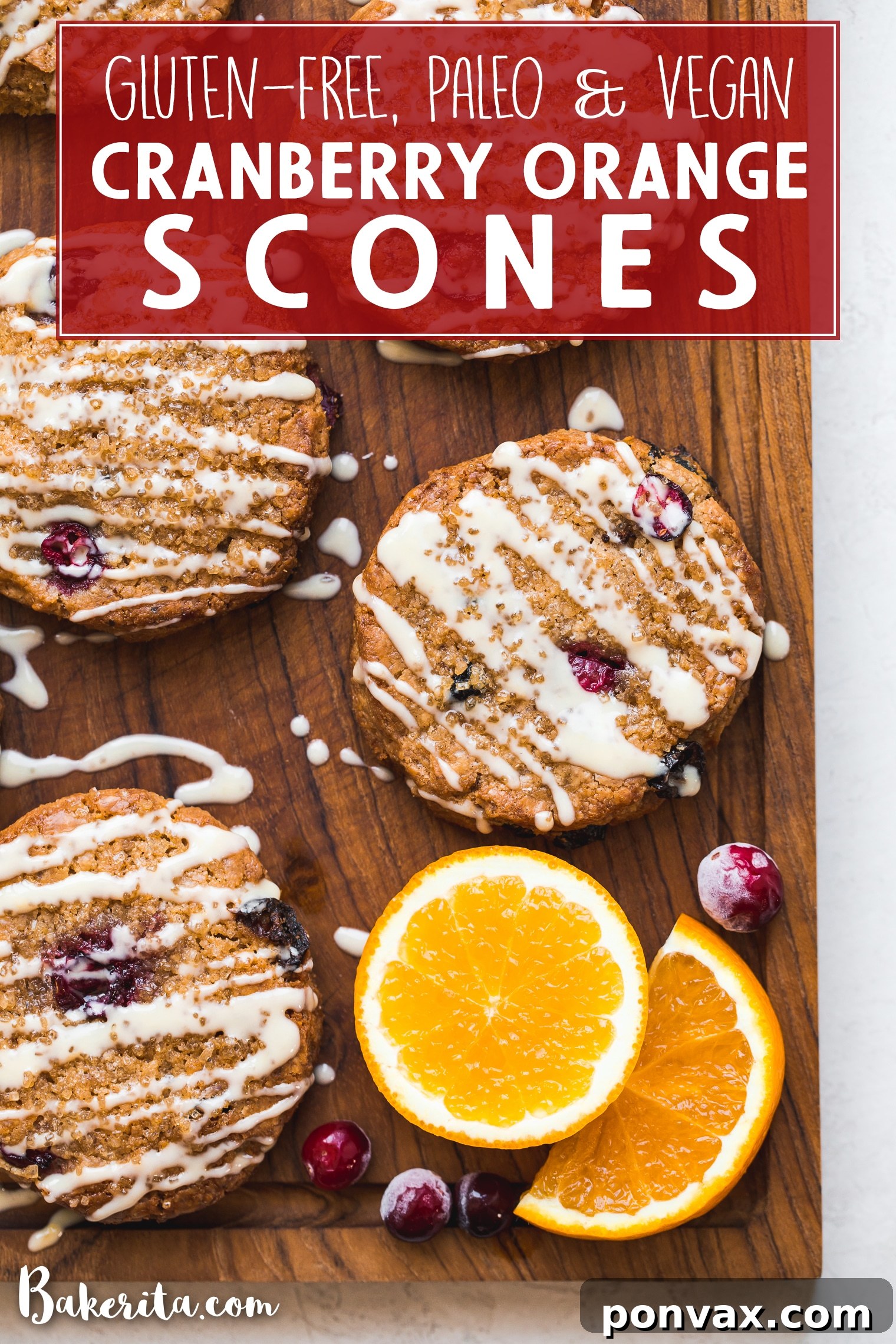 A large platter of baked gluten-free vegan cranberry orange scones, some with glaze, presented beautifully for serving.