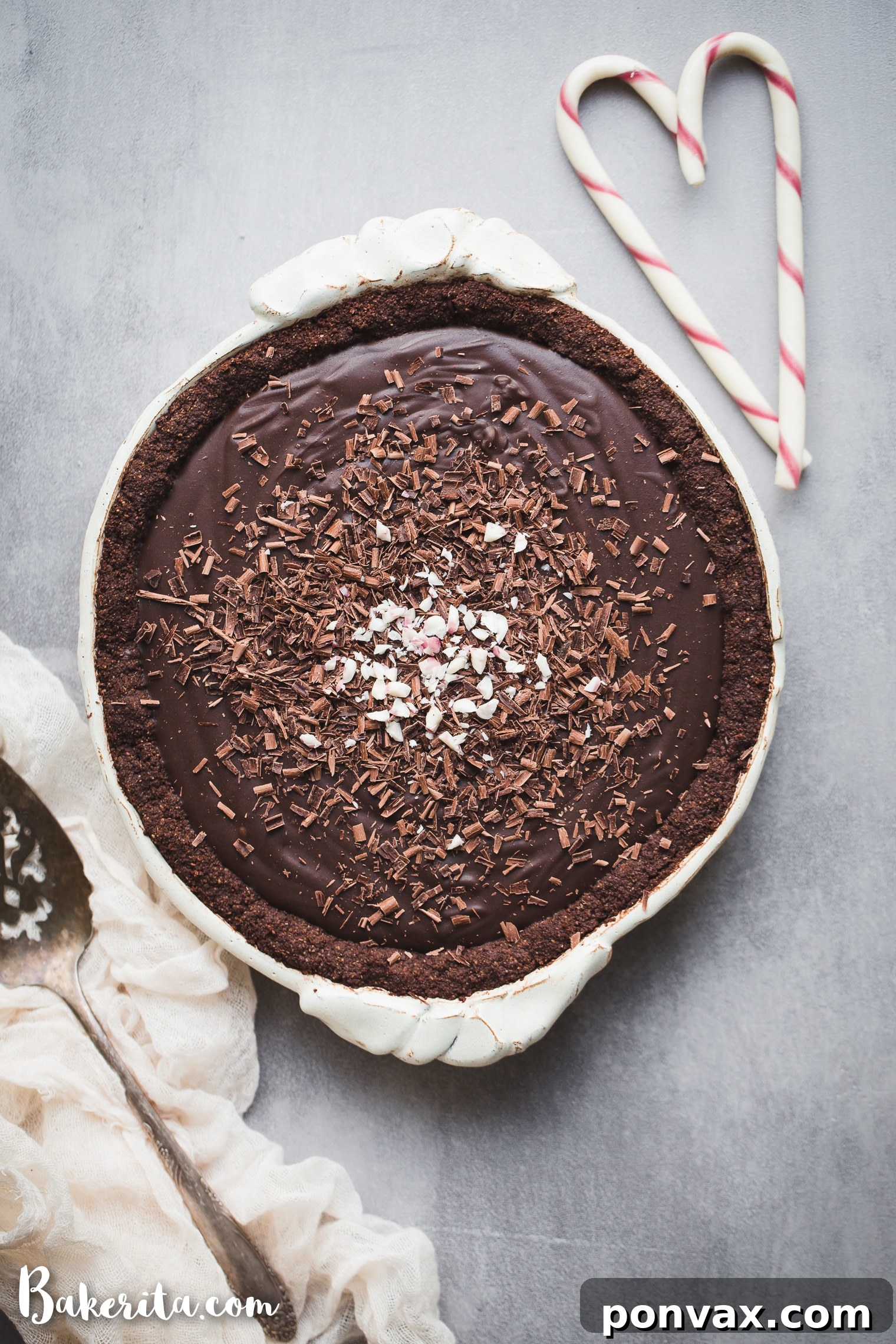 A beautifully garnished Gluten-Free Vegan Chocolate Peppermint Pie, ready for holiday celebrations.