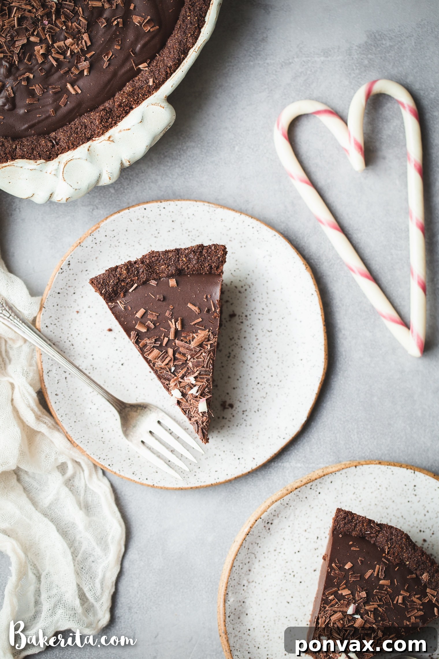 Close-up of a slice of Gluten-Free Vegan Chocolate Peppermint Pie, showcasing its creamy filling and brownie crust.
