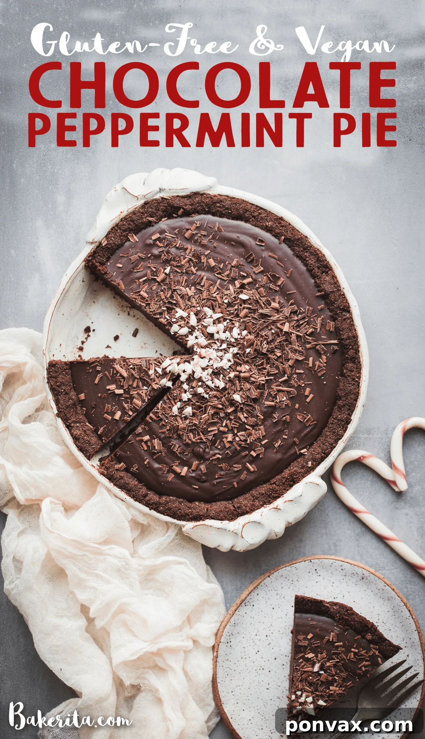 The Gluten-Free Vegan Chocolate Peppermint Pie, sliced and garnished, ready to be served.