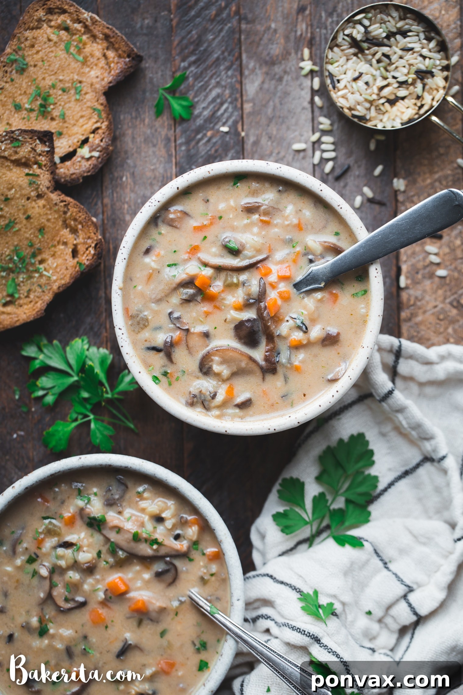 This Vegan Mushroom Wild Rice Soup is cozy, comforting, and so simple to make in under an hour using just one pot! It's the perfect healthy vegan dinner for chilly nights. It's loaded with mushrooms, wild rice, and vegetables.