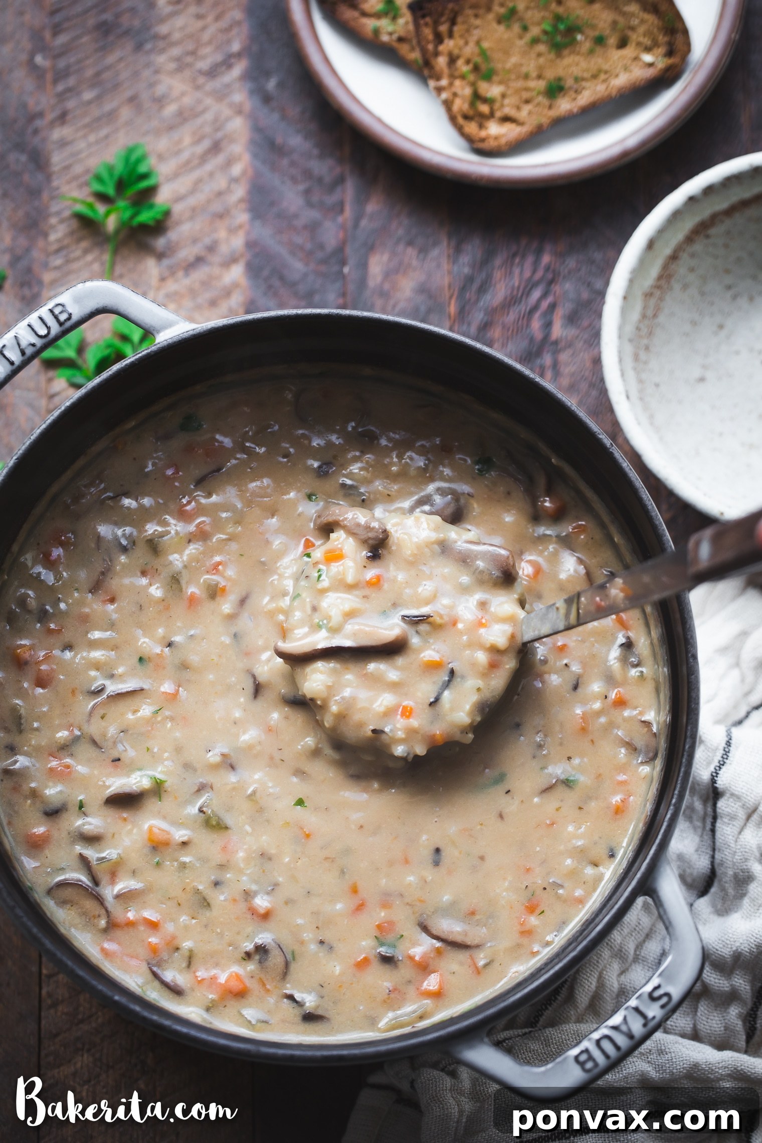This Vegan Mushroom Wild Rice Soup is cozy, comforting, and so simple to make in under an hour using just one pot! It's the perfect healthy vegan dinner for chilly nights. It's loaded with mushrooms, wild rice, and vegetables.
