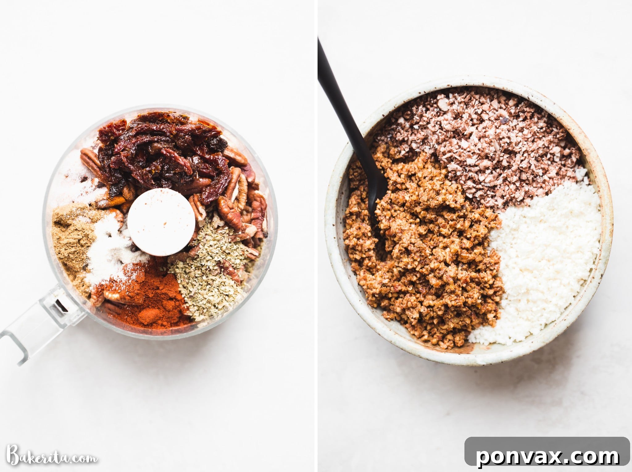 Cauliflower florets, cremini mushrooms, sun-dried tomatoes, a mix of nuts, and a variety of spices are gathered in a food processor, ready to be blended into flavorful vegan taco meat.