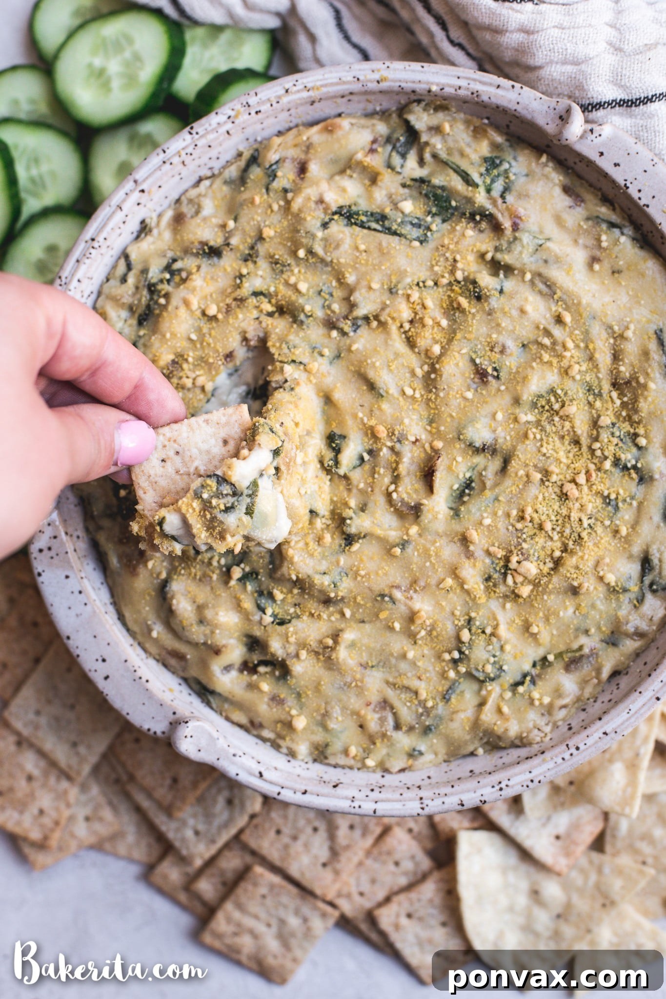 Velvety Vegan Spinach Artichoke Cashew Dip 6 Vegan Spinach Artichoke Dip: tastes as good as the original, but it's dairy-free, soy-free, gluten-free, and Whole30! No processed ingredients here - just whole, plant-based foods. It's perfect as an appetizer or for game day.