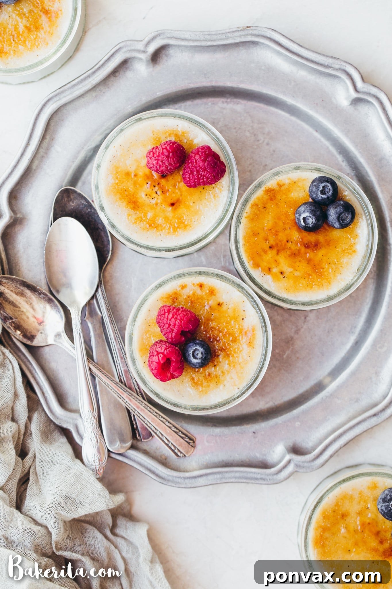 A close-up shot of a finished Vegan Creme Brulee in a ramekin, ready to be enjoyed, with a perfect golden crust.