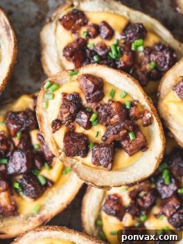 These Vegan Potato Skins are my new favorite vegan appetizer! Baked instead of fried, these are a healthier take on the classic. They're made with vegan cheese sauce and the best tempeh bacon bits.