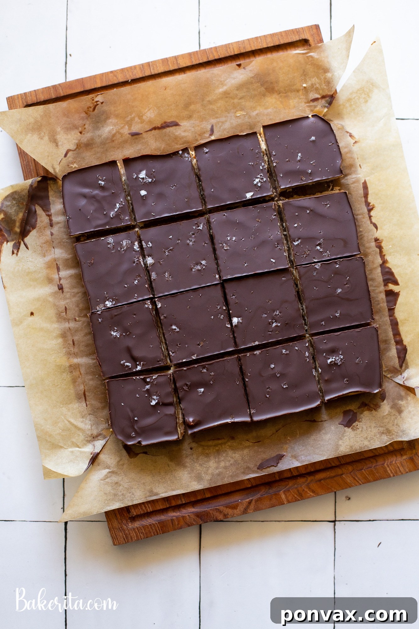 Decadent Vegan Peanut Butter Millionaire's Shortbread 3 Close-up of the delicious layers in Gluten-Free Vegan Peanut Butter Millionaire's Shortbread: shortbread, peanut butter caramel, and chocolate.
