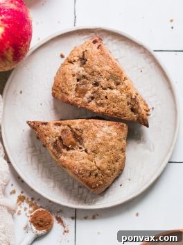 A plate of Gluten-Free Vegan Apple Cinnamon Scones, ready to be served and enjoyed, with a few slices of fresh apple and cinnamon sticks in the background.