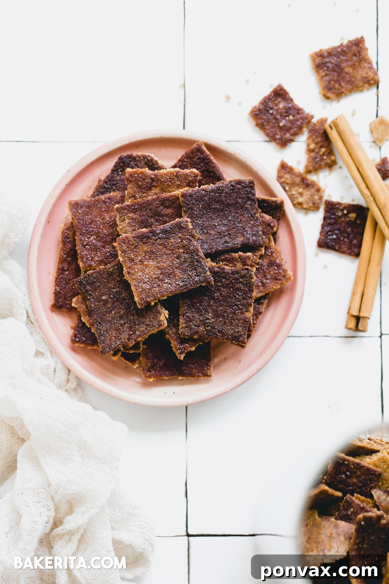 Spiced Gluten-Free Sourdough Discard Crisps 4 Gluten-Free Cinnamon Sugar Sourdough Discard Crackers on a parchment-lined baking sheet, ready for baking