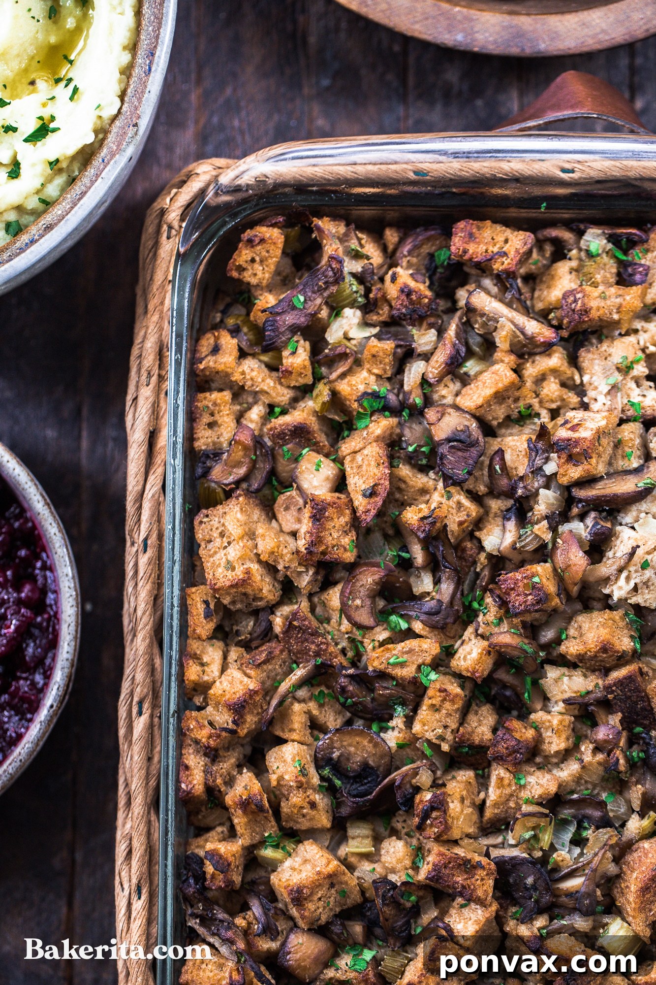 Close-up of a generous serving of freshly baked Gluten-Free Vegan Mushroom Stuffing, highlighting its texture and inviting warmth.