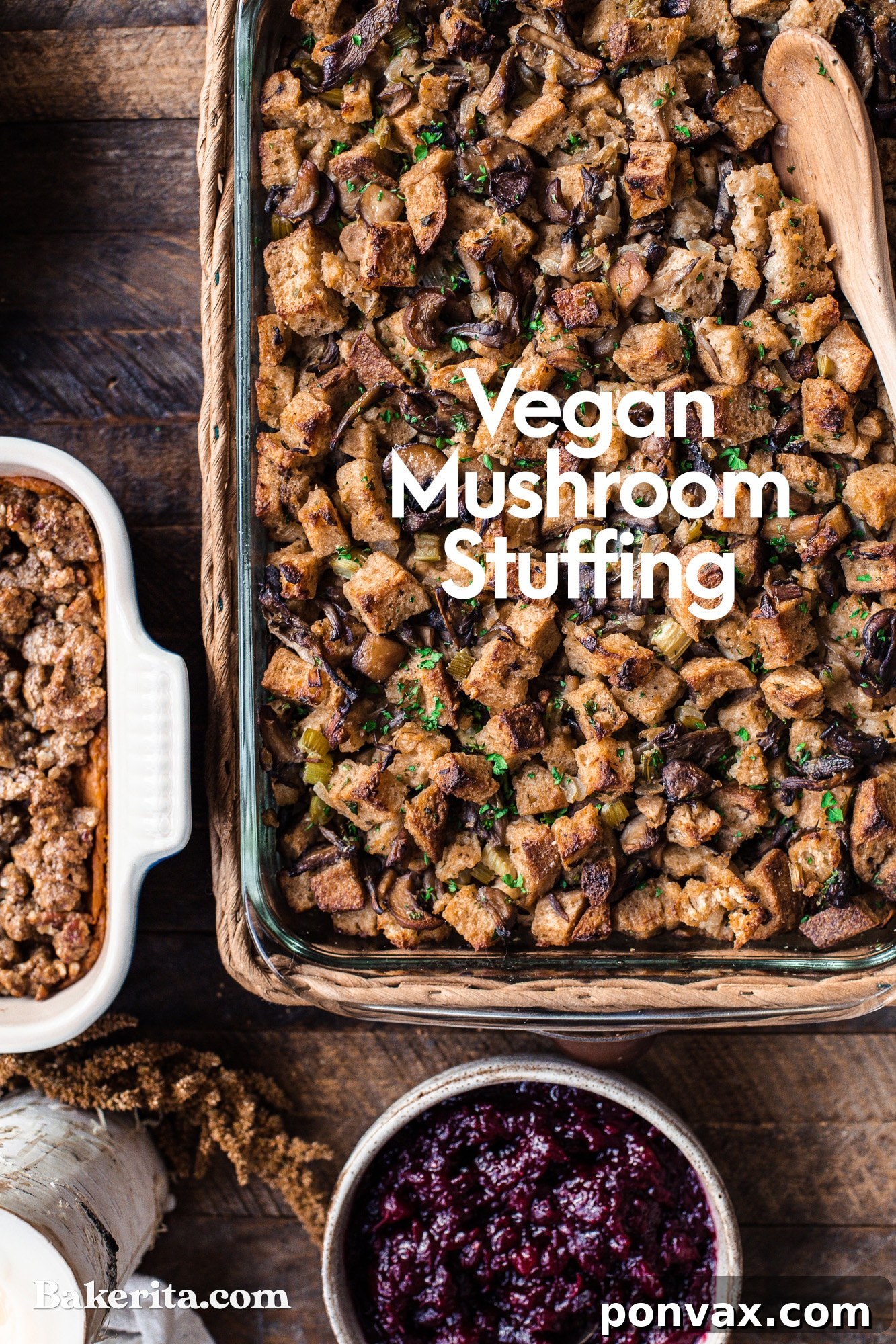 A golden-brown Vegan Mushroom Stuffing, freshly baked and ready to be served, with herbs scattered on top.