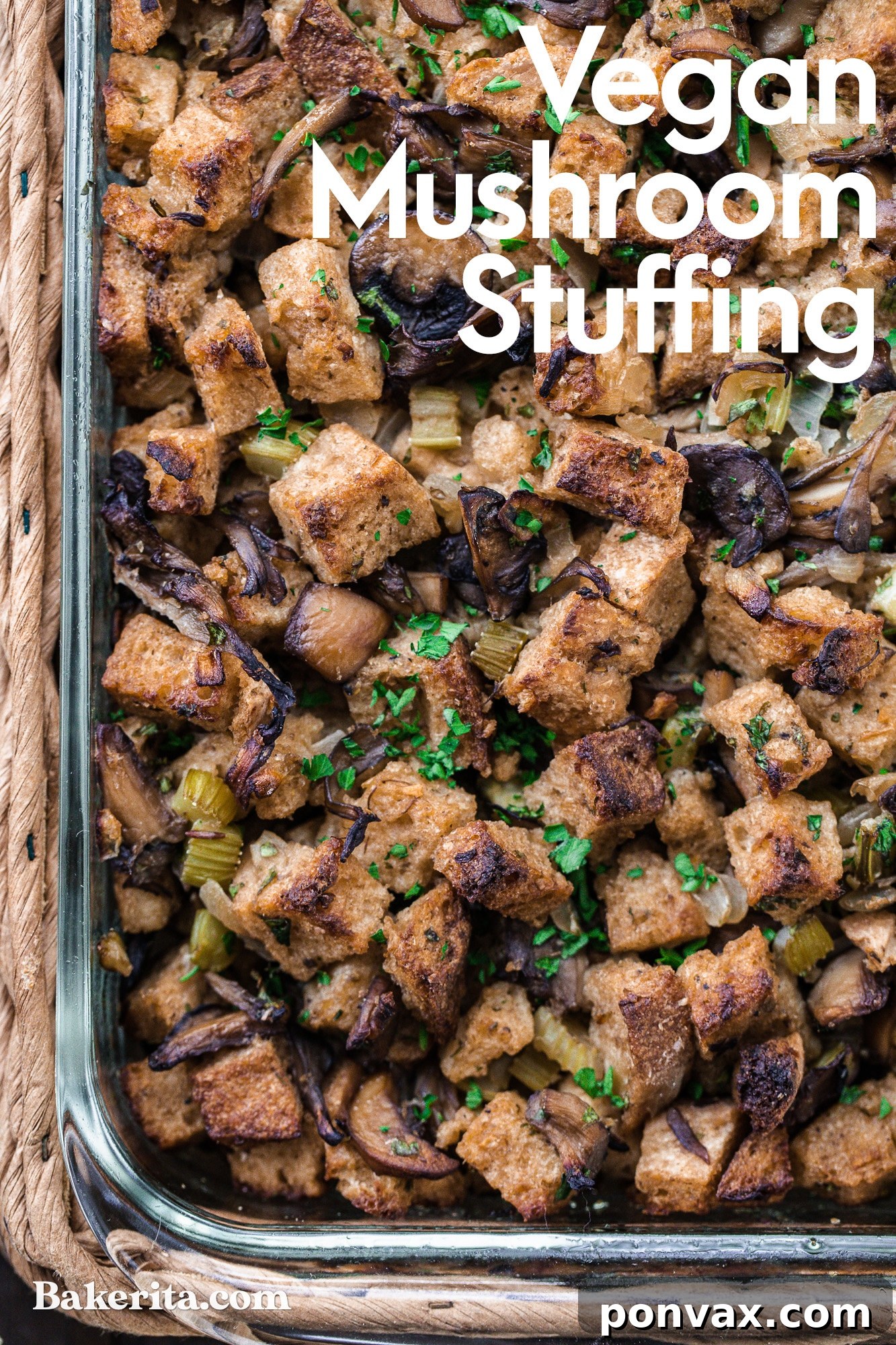 A close-up of the crispy texture and tender interior of the Gluten-Free Vegan Mushroom Stuffing.