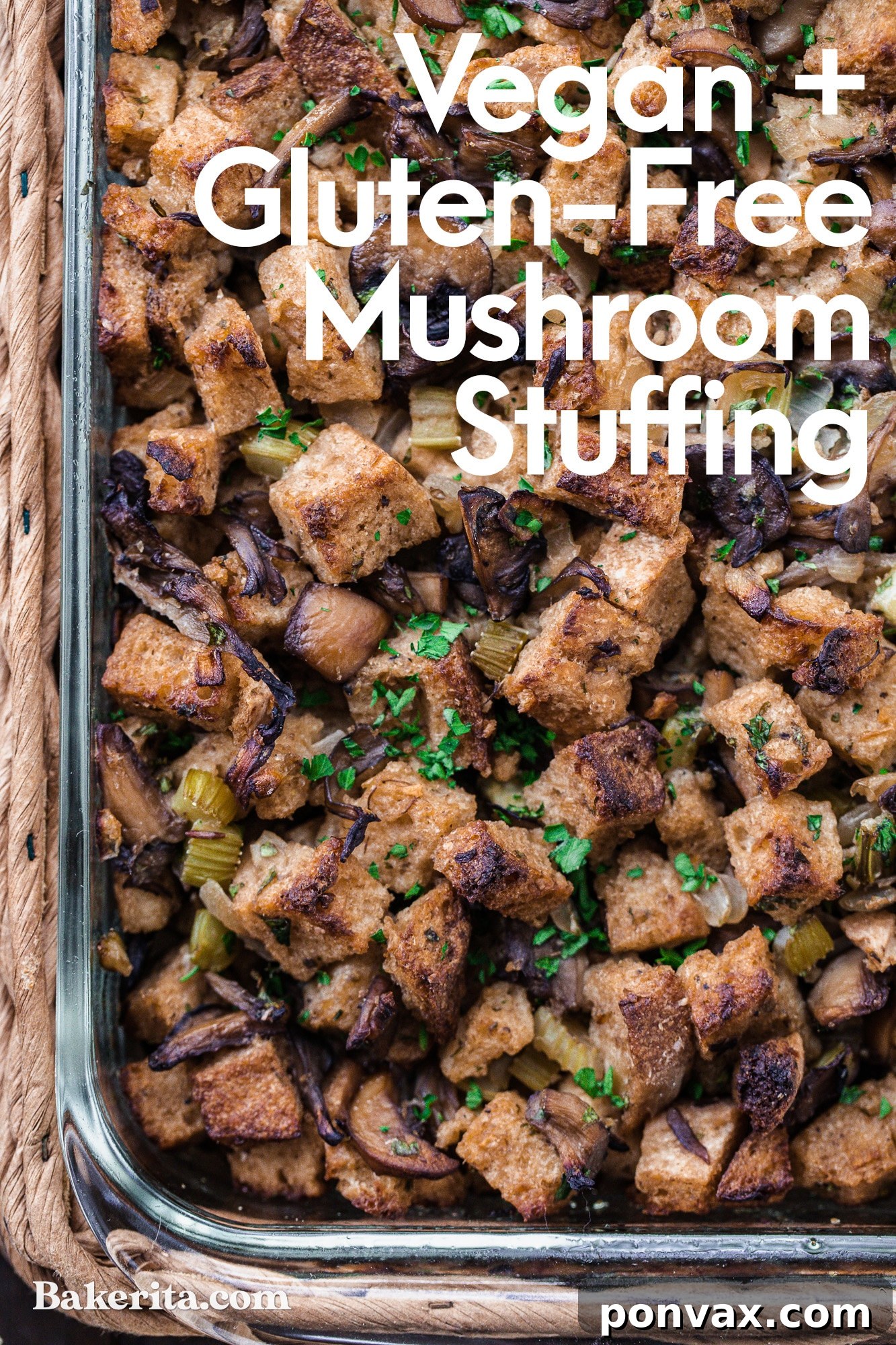 Overhead shot of the Vegan Mushroom Stuffing in its baking dish, showcasing the abundant mushrooms and herbs.