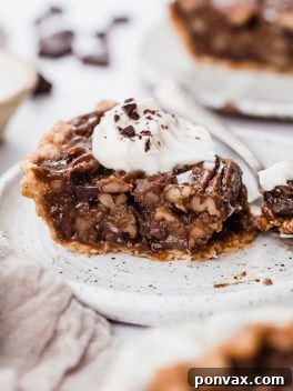A delicious slice of Vegan Chocolate Pecan Pie topped with coconut whipped cream.