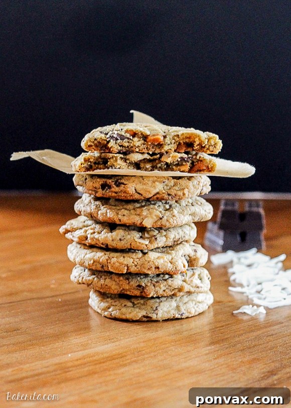 Freshly baked Caramel Coconut Chocolate Chunk Cookies with melty chocolate and caramel.