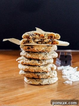 An appetizing close-up of a Caramel Coconut Chocolate Chunk Cookie, perfect for baking.