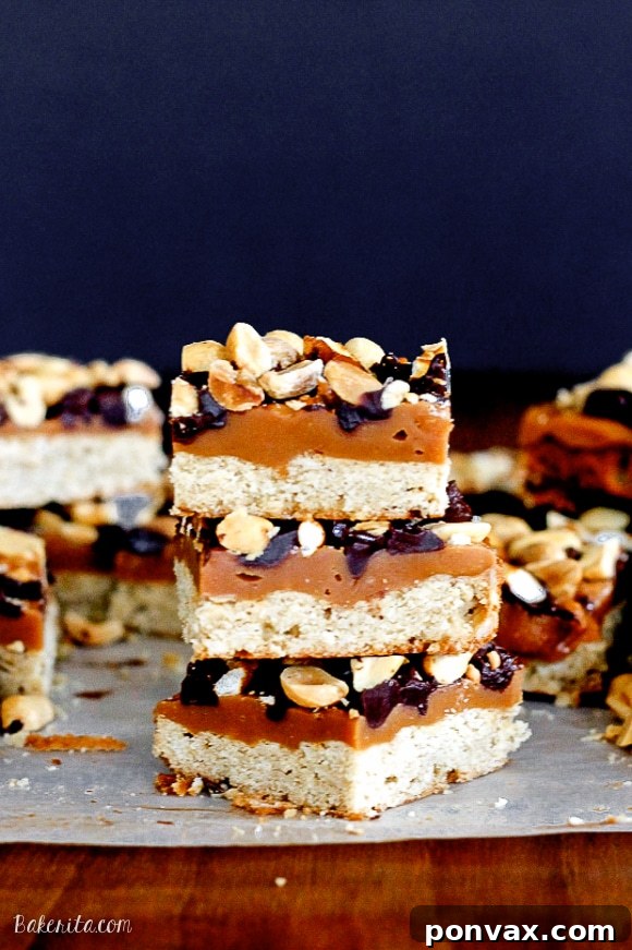 Stacked Flavor Bars 2 A delicious stack of Fully Loaded Bars with a top-down view, showcasing layers of oat shortbread, peanut butter caramel, pretzels, chocolate chips, and roasted peanuts.