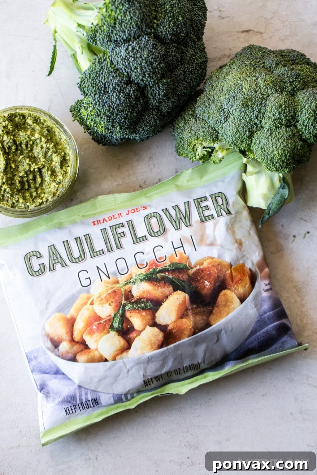 Pillowy Vegan Cauliflower Gnocchi with Fresh Pesto 5 Ingredients for Vegan Cauliflower Gnocchi with Pesto: broccoli crowns, vegan pesto, and Trader Joe's Cauliflower Gnocchi