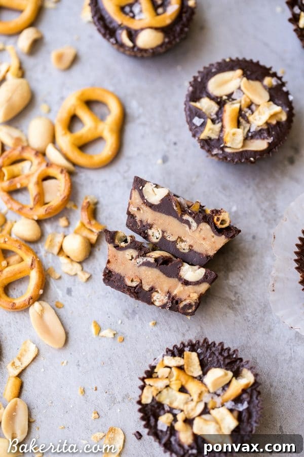 Vegan Super Bowl Feast: Over 50 Game Day Recipes 40 Chocolate Peanut Butter Pretzel Cups, inspired by Take 5: gluten-free, refined sugar-free, vegan with peanut butter caramel, pretzels, and peanuts.