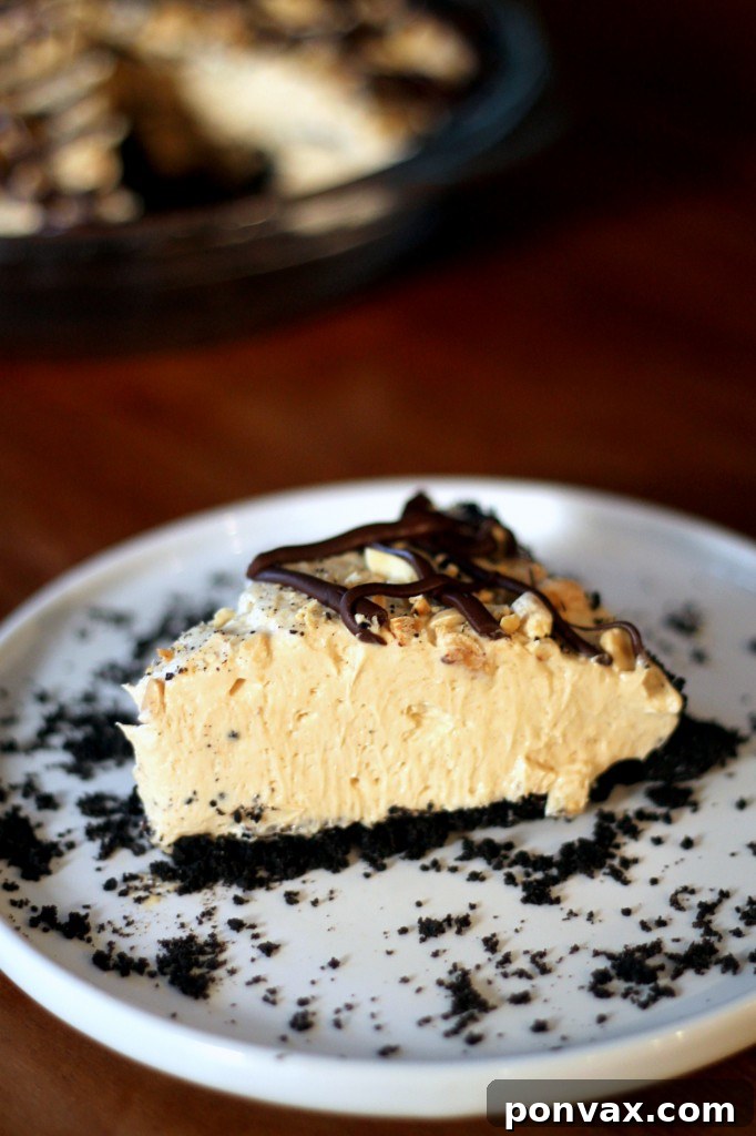 A slice of Chocolate Peanut Butter Mousse Pie with an Oreo crust, creamy peanut butter mousse, chocolate drizzle, and chopped peanuts on a white plate.