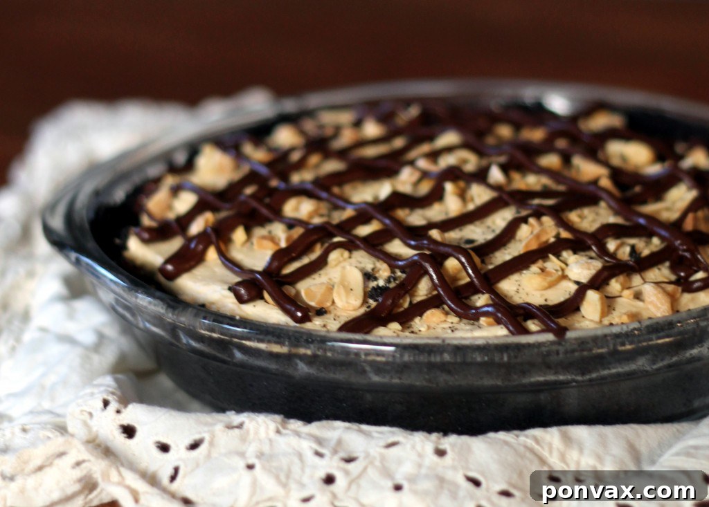 Close-up of the smooth, creamy peanut butter mousse filling of the pie, topped with chocolate drizzle and chopped peanuts.