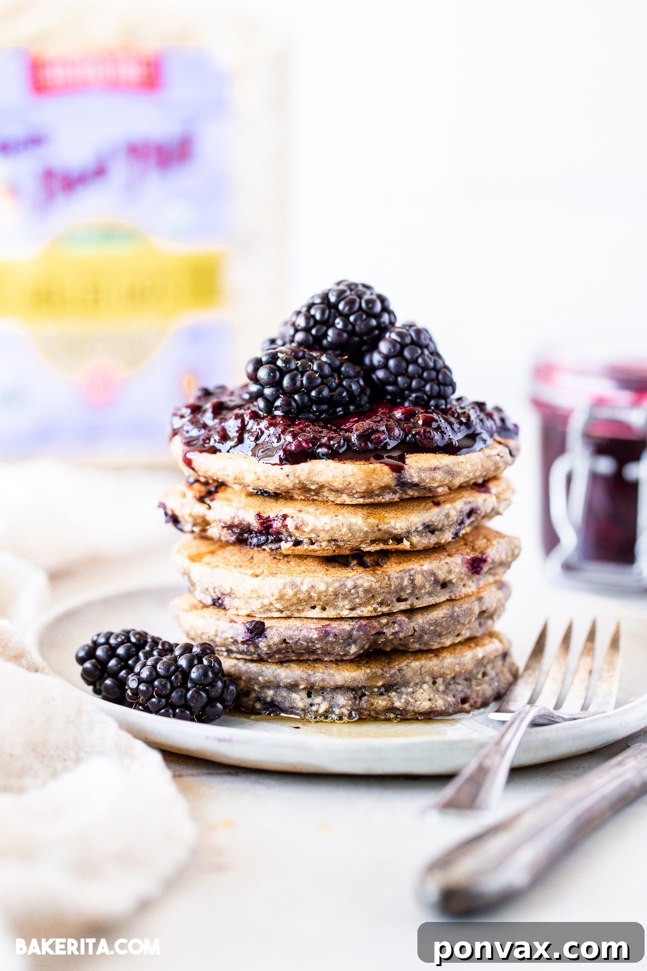 Berrylicious Vegan GF Pancakes 4 Ingredients for gluten-free vegan blackberry pancakes laid out on a kitchen counter.