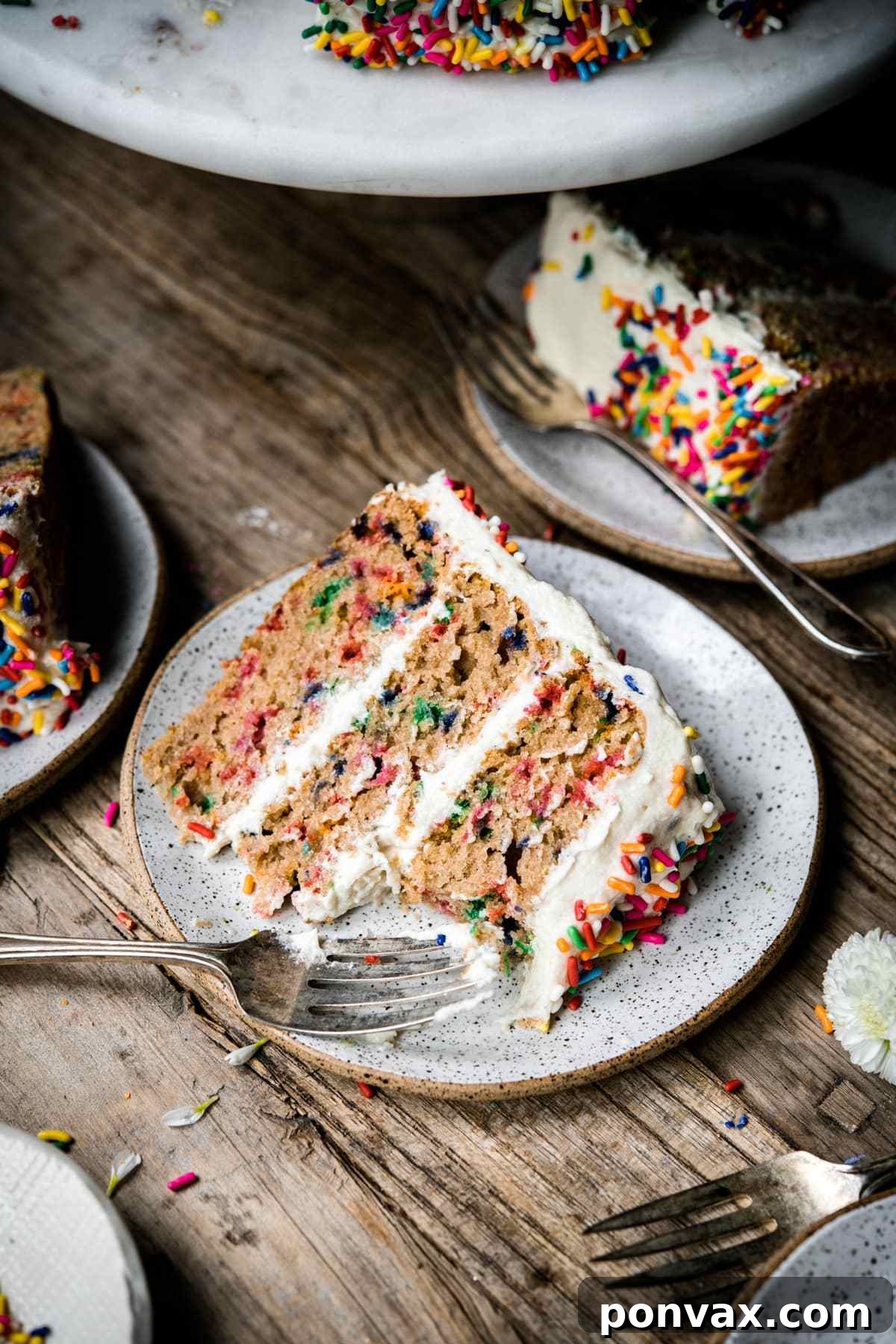 Vibrant vegan funfetti cake with rainbow sprinkles by A Crowded Kitchen.