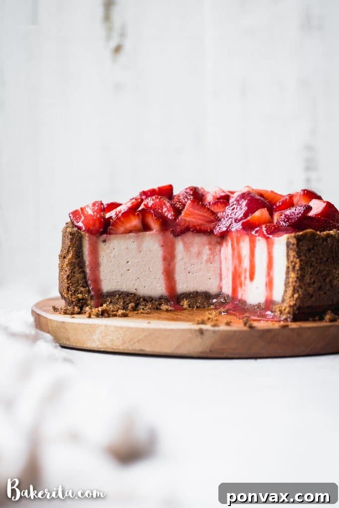Creamy baked vegan cheesecake with a gluten-free paleo graham cracker crust.